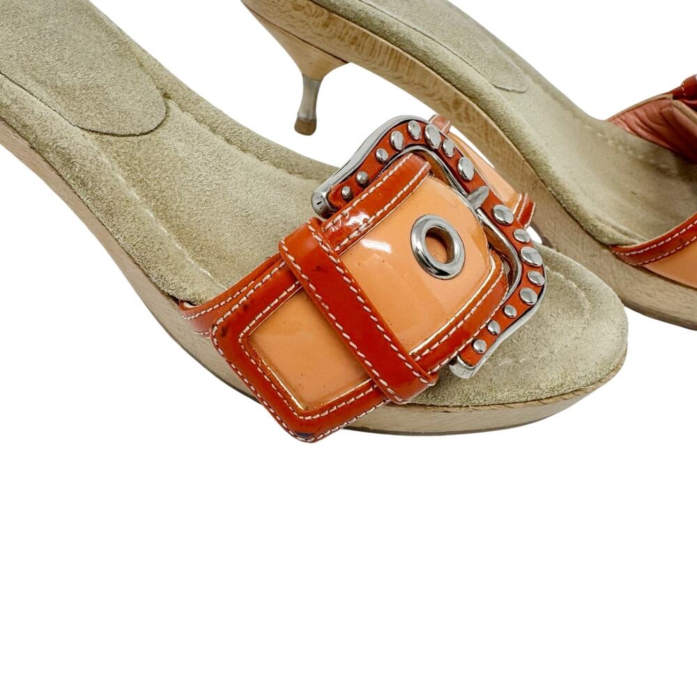 Prada Vintage Wood Platform Kitten Mule Orange Patent Buckle Studded EU 37 Y2K - Picture 2 of 8